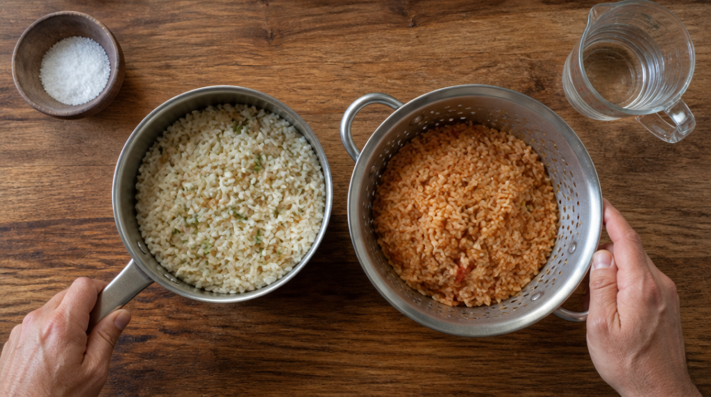 Riz pilaf et riz créole côte à côte, grains détachés