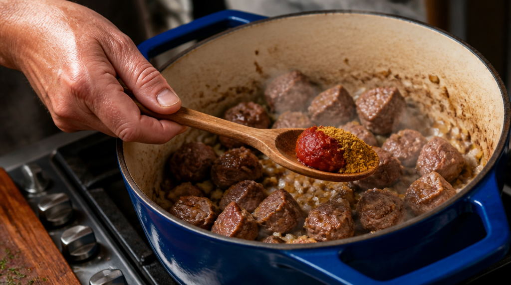Morceaux d’agneau saisis avec oignon et ras el hanout