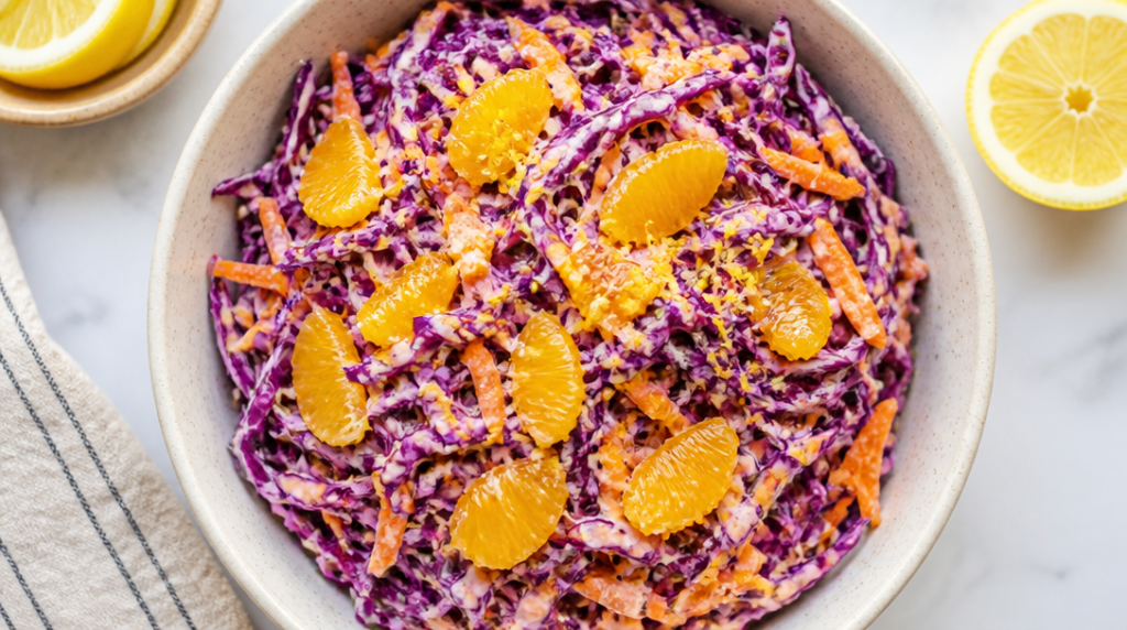 Salade chou rouge et carotte au yaourt et agrumes