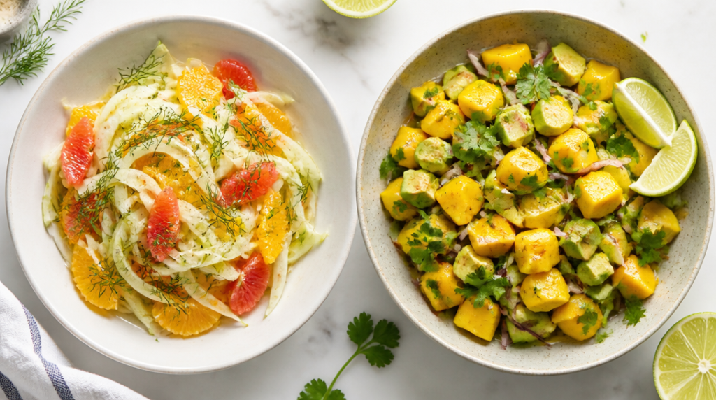 Salade fenouil agrumes et mangue avocat en duo