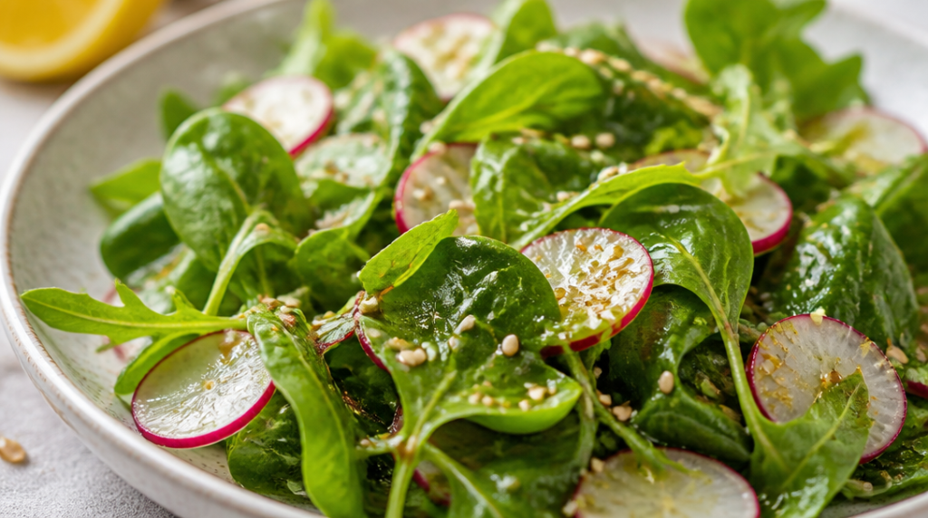 Salade verte acidulée aux radis et sésame torréfié