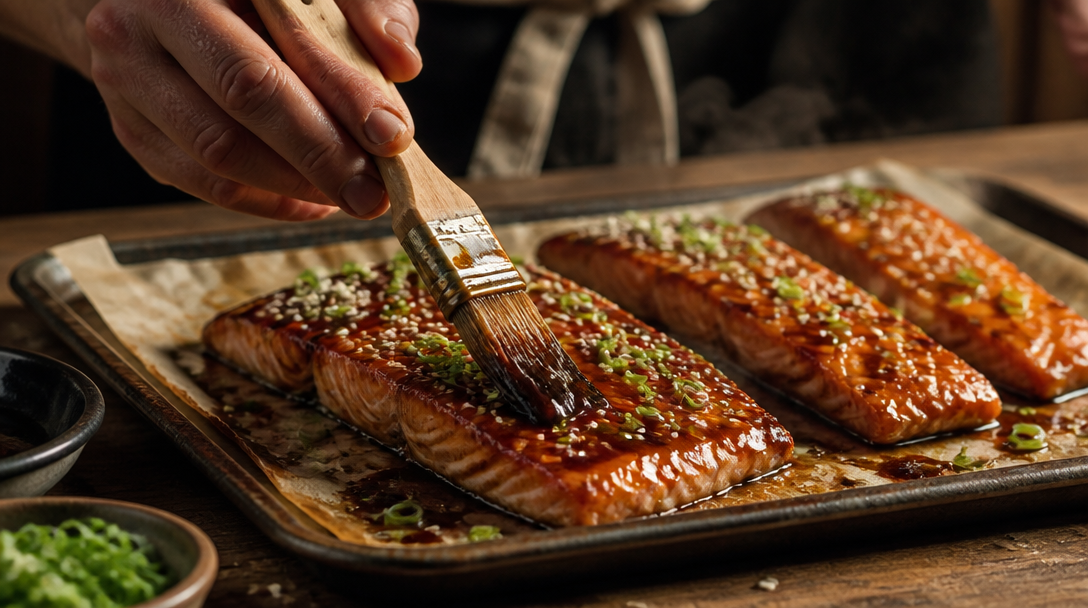 Saumon nappé de sauce teriyaki, glaçage brillant