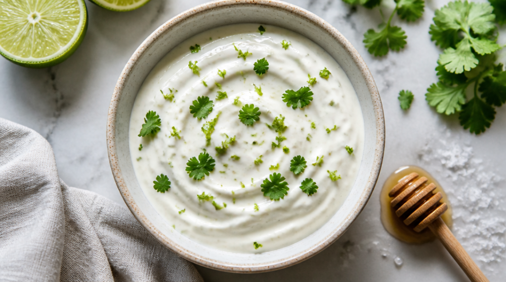 Sauce yaourt au citron vert et coriandre, texture onctueuse