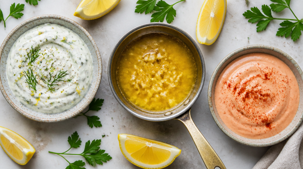 Sauce yaourt aneth, beurre citron et sauce cocktail
