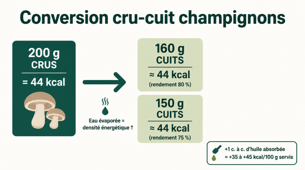 Conversion cru-cuit des champignons et rendement 75 à 80 %