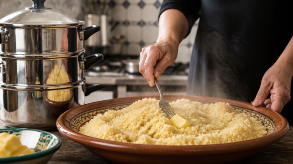 Semoule moyenne égrenée, grains aérés après vapeur