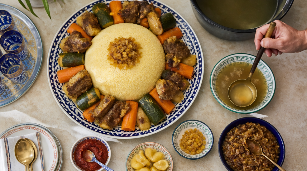 Bouillon clair servi à part, harissa et raisins blonds