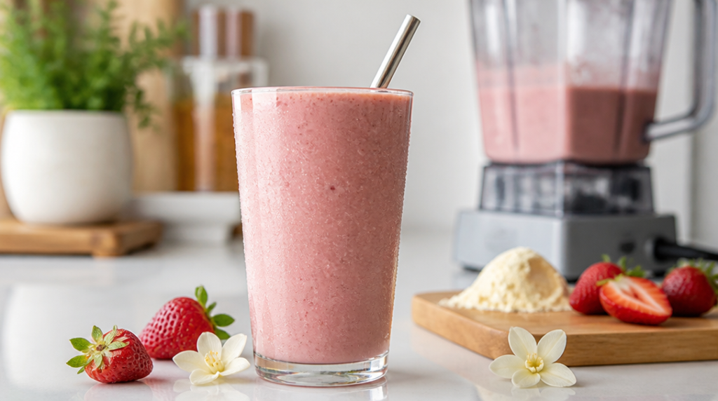 Smoothie protéiné fraise-vanille, texture milkshake