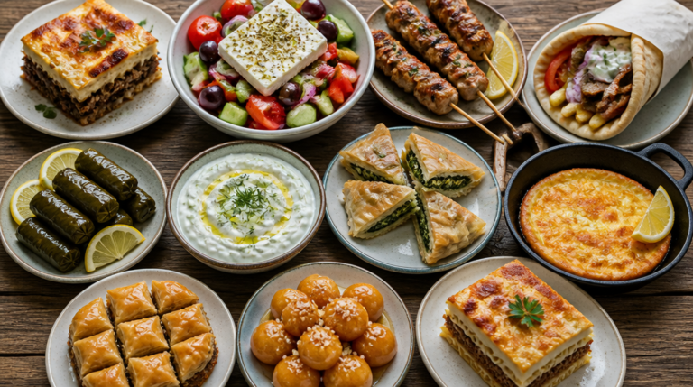 Sélection de spécialités grecques, mezzés et plats emblématiques