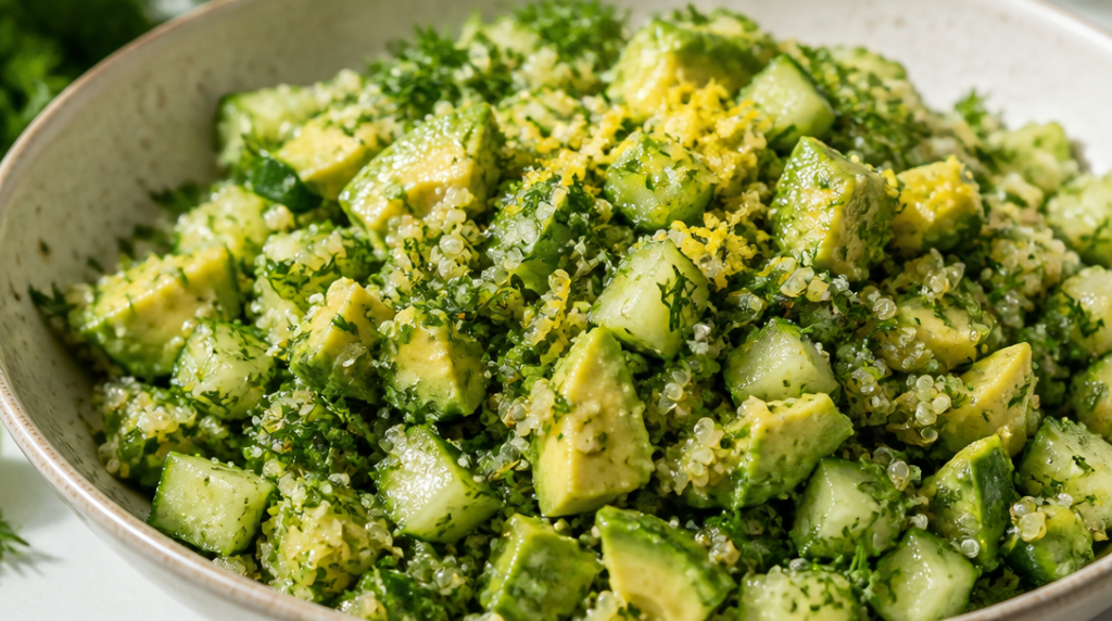 Taboulé quinoa, concombre et avocat, herbes et citron