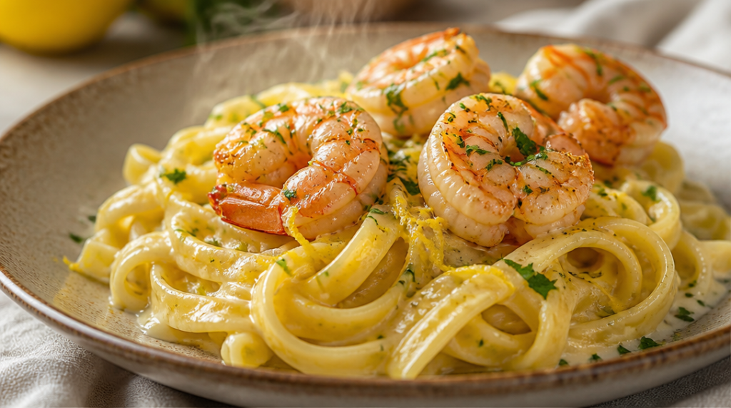 Pâtes aux crevettes à l’ail et au citron, persil frais