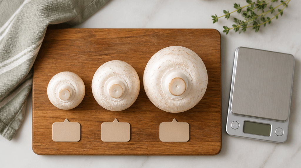 Petit, moyen et gros champignon de Paris alignés avec balance
