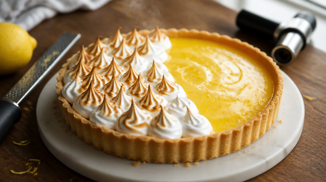 Tarte au citron nature et meringuée, vue 3/4, recette de tarte au citron