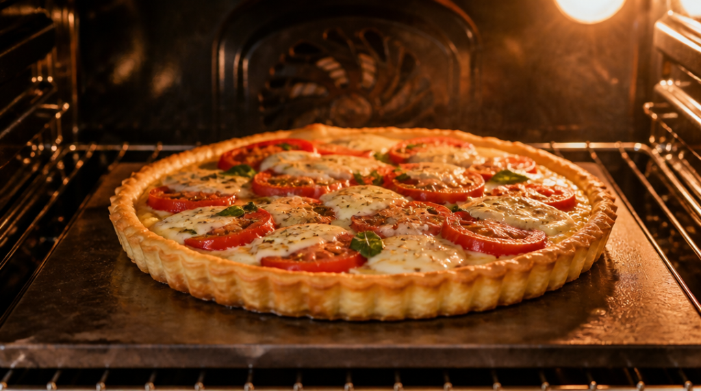 Tarte cuisant en bas du four sur plaque chaude