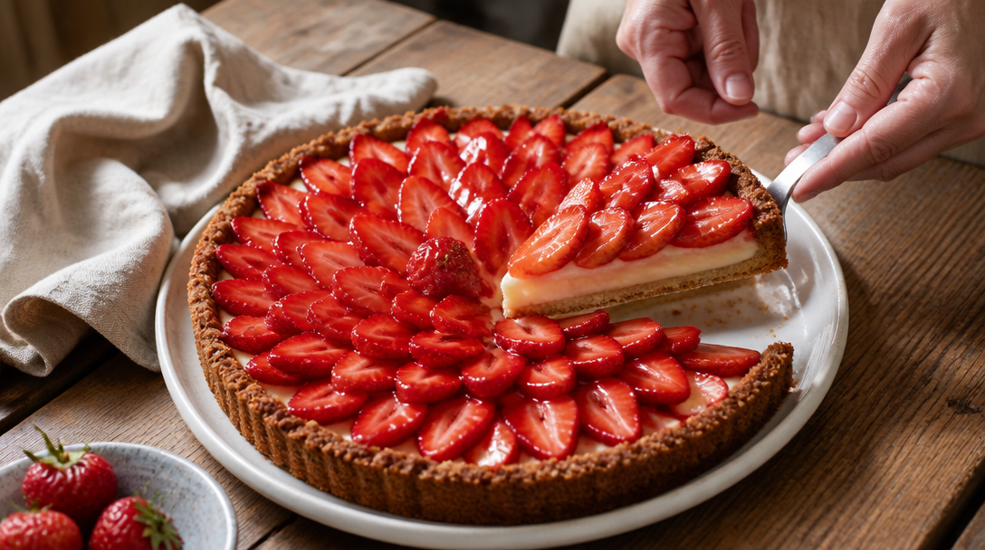 Tarte aux fraises sans cuisson au spéculoos, tranche servie