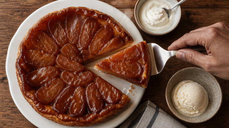 Recette de la tarte Tatin servie tiède, caramel brillant