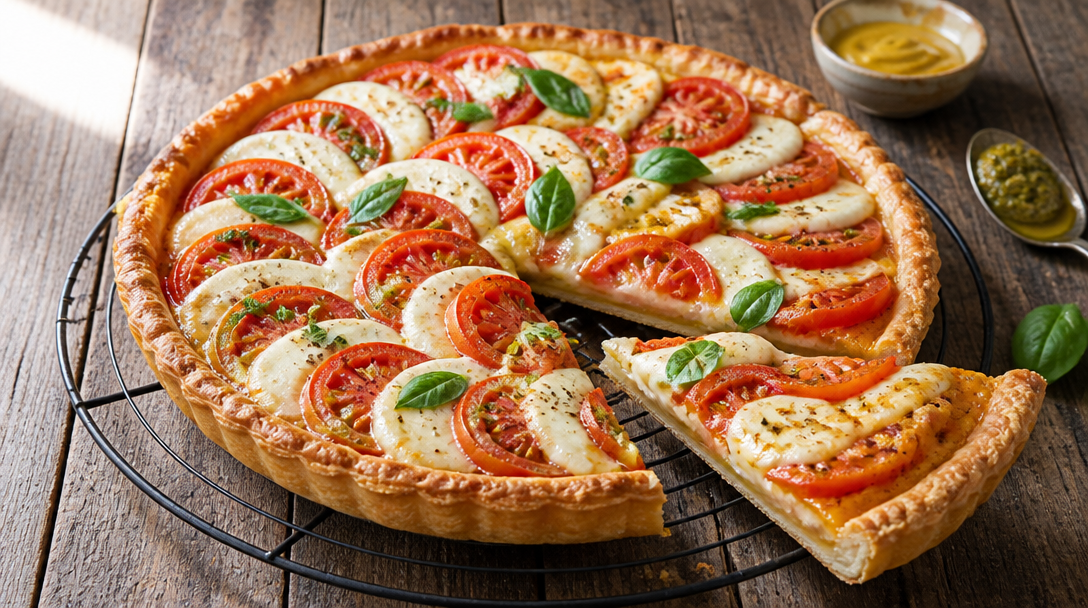 Tarte tomates mozzarella dorée, fond croustillant, basilic frais