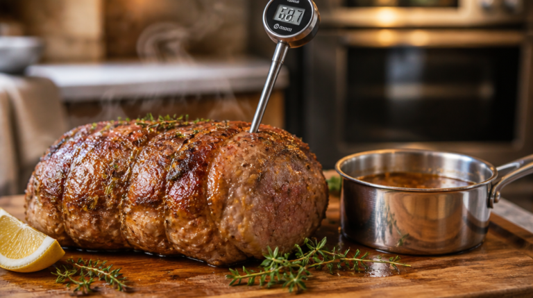 Repère visuel du temps de cuisson du rôti de veau au four avec sonde