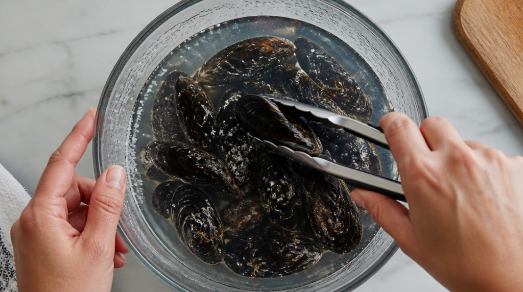 Moules plongées dans eau froide salée pour tester la fraîcheur