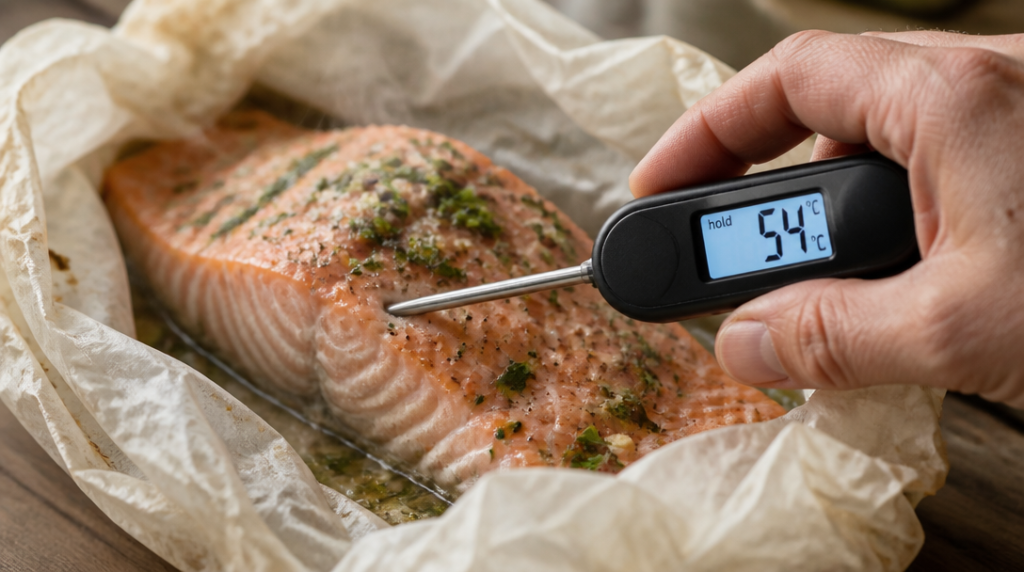 Thermomètre sonde à 54 °C au cœur du saumon fondant