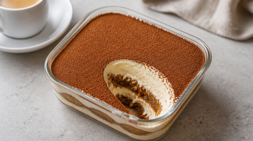 Tiramisu protéiné sans œufs, cacao tamisé et crème dense