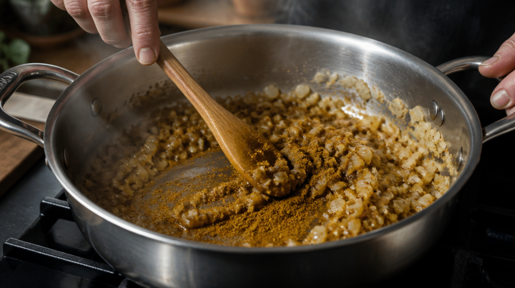 Curry en poudre torréfié avec oignon et ail dans la poêle