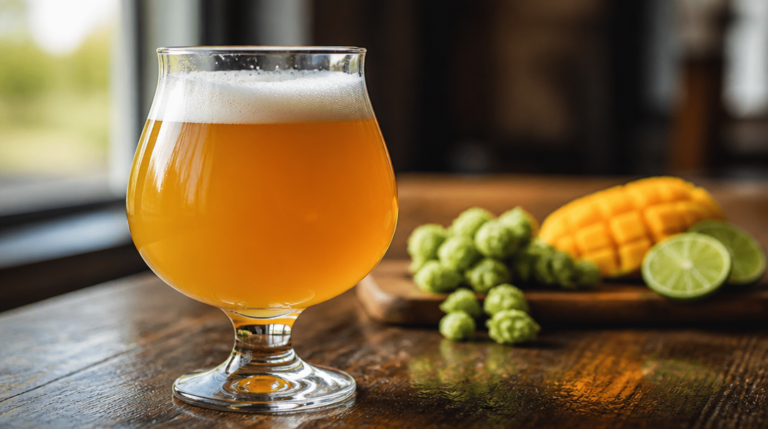 Verre de bière NEIPA hazy avec mousse crémeuse