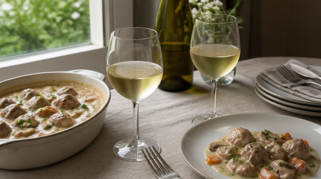 Verres de vin blanc avec blanquette, accord mets-vins