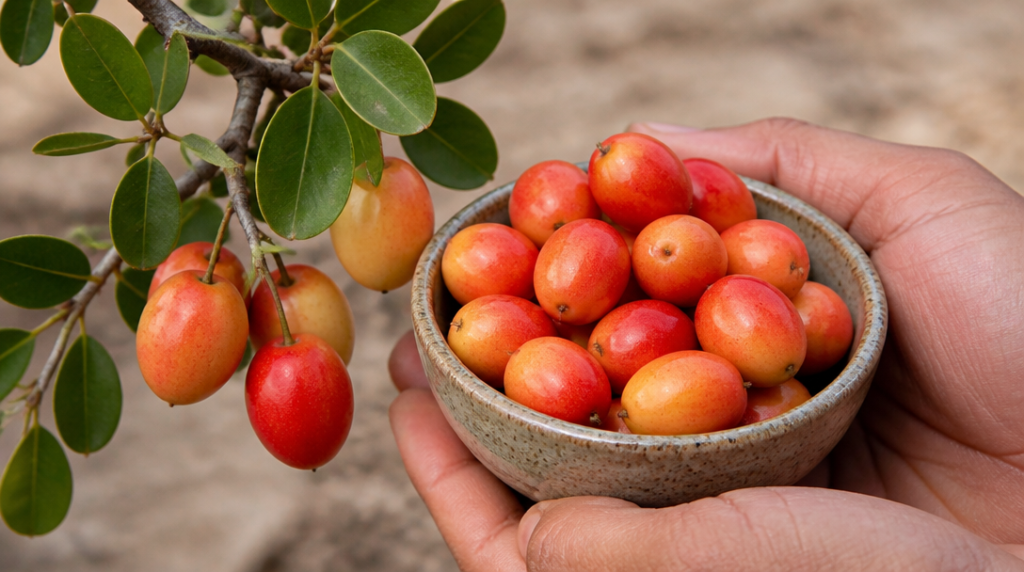 Ximenia fruit mûr, petits drupes jaune-rouge sur branche et bol