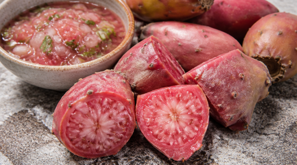 Xoconostle, fruit d’opuntia coupé, chair rose acide et graines visibles