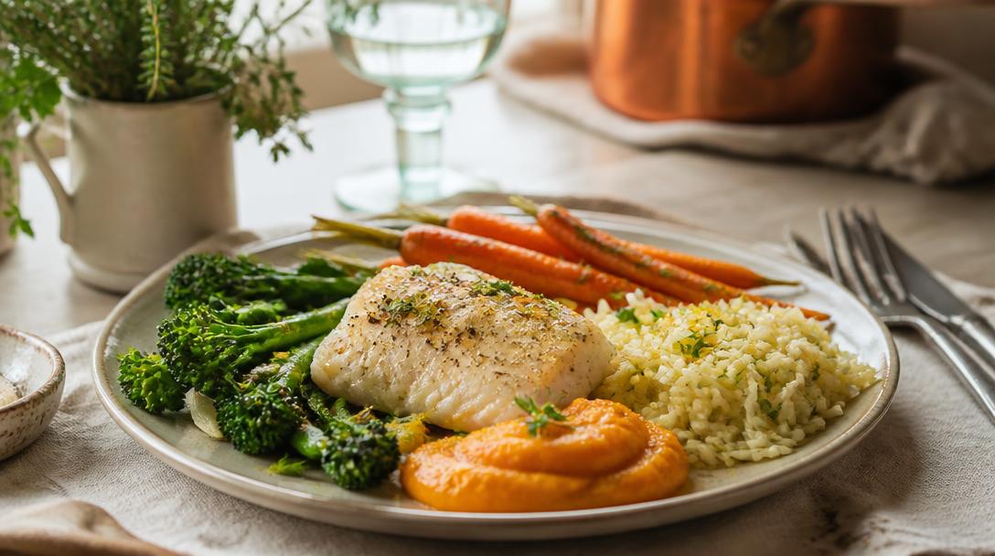 Assiette d’accompagnement pour cabillaud aux légumes et riz