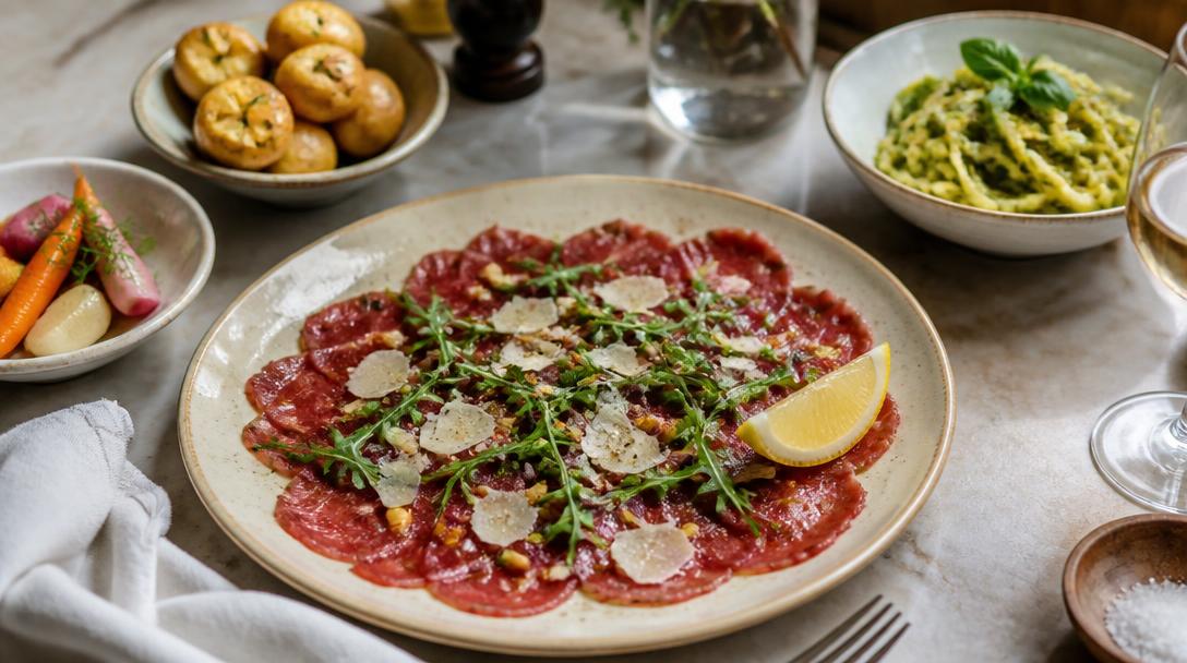 Accompagnement pour un carpaccio de bœuf sur assiette