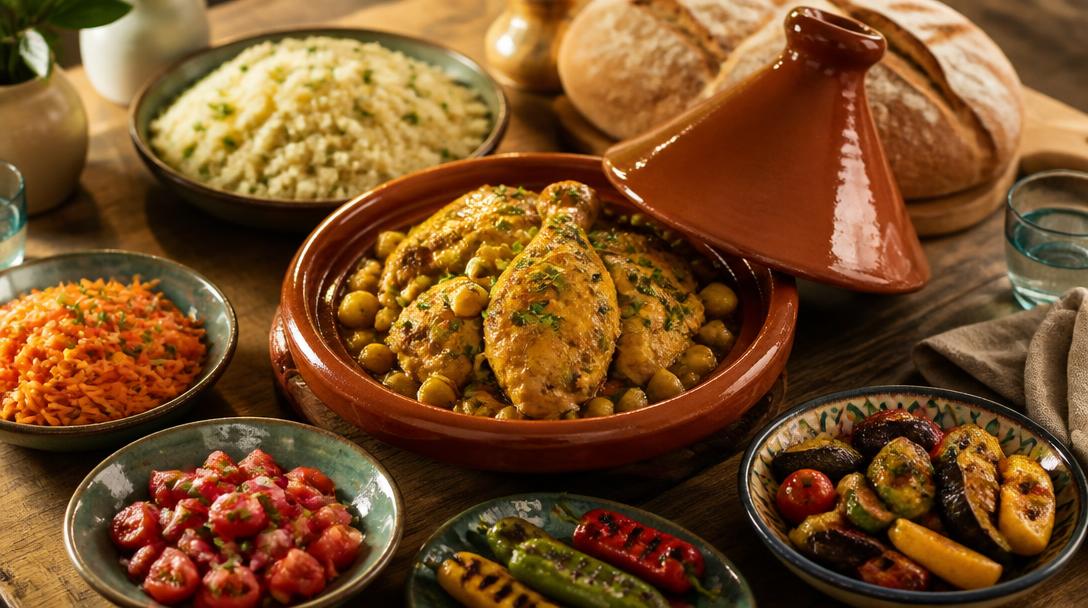 Accompagnement pour tajine avec pain semoule et salades