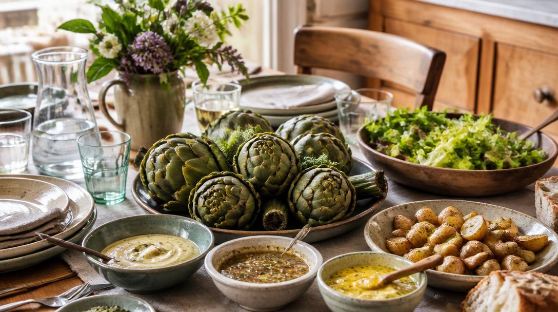 Accompagnements pour artichauts avec sauces et légumes frais