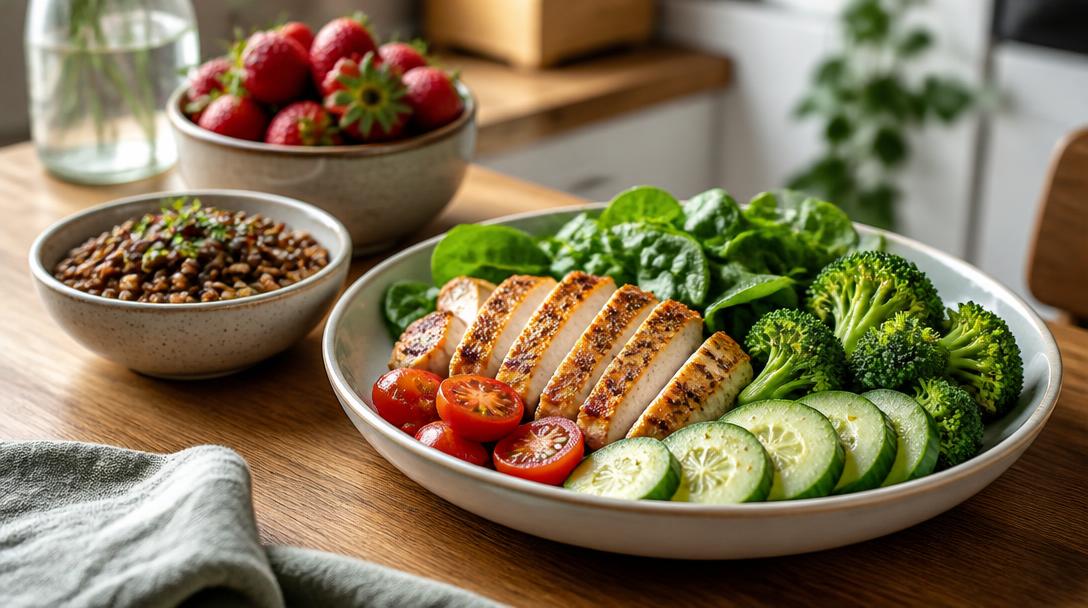 Aliments faibles en calories dans une assiette rassasiante