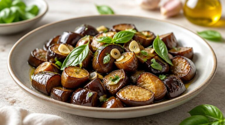 Aubergine fondante à la poêle garnie de basilic