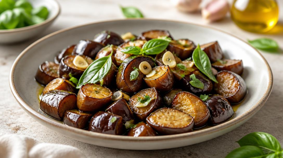 Aubergine fondante à la poêle garnie de basilic