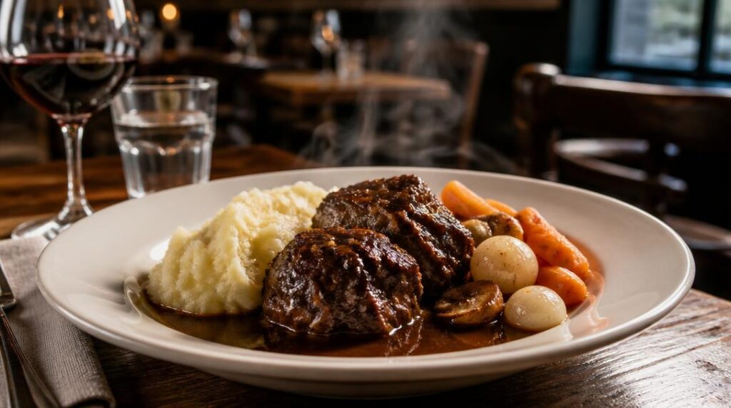 Bœuf mijoté avec purée et légumes fondants