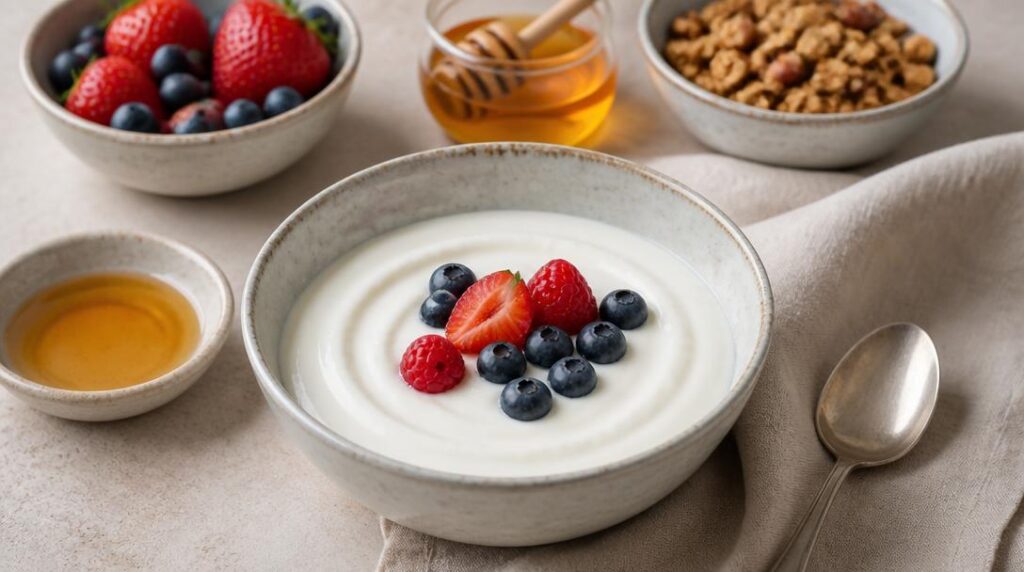 Bol de yaourt nature avec fruits et granola