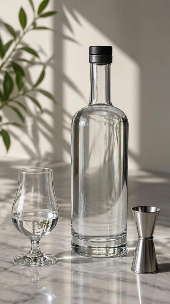 Bouteille de vodka 70 cl et verre de dégustation