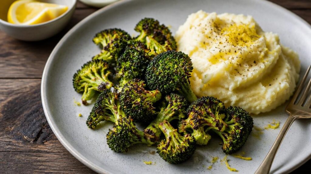 Brocoli rôti citronné servi avec purée onctueuse