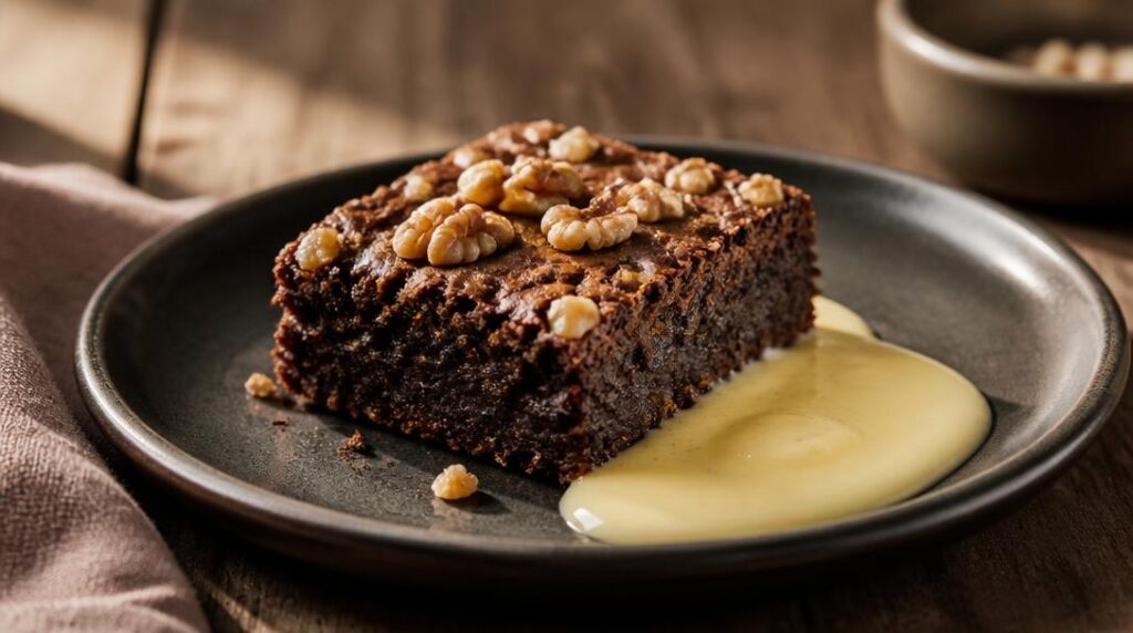 Brownie aux noix et crème anglaise légère