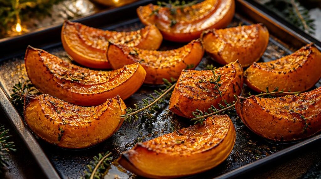 Courge butternut rôtie parmi légumes de Noël
