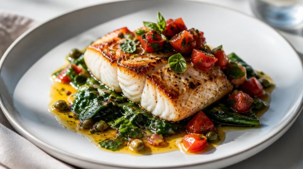 Cabillaud poêlé aux épinards et sauce vierge