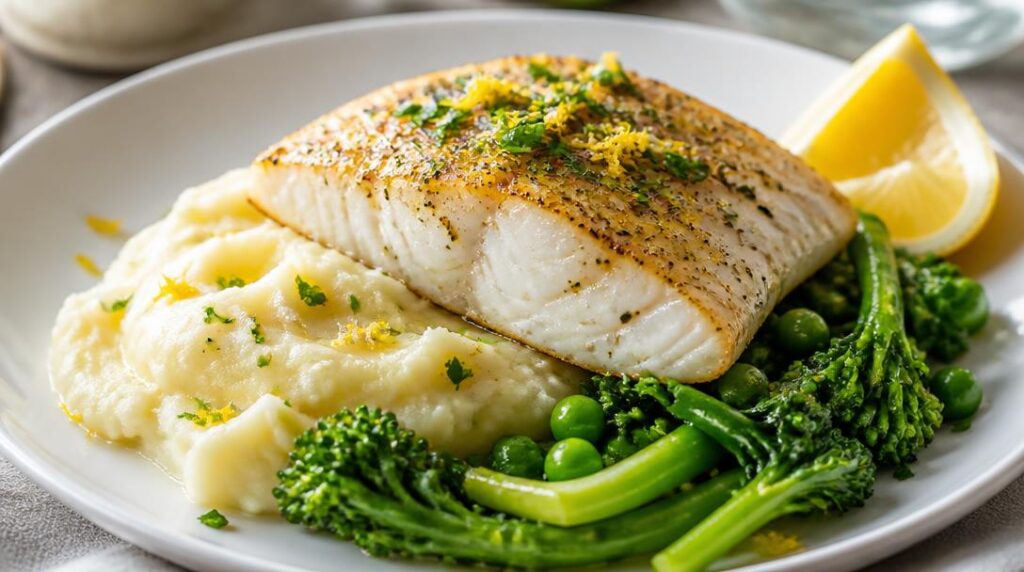 Cabillaud rôti citronné servi avec purée onctueuse
