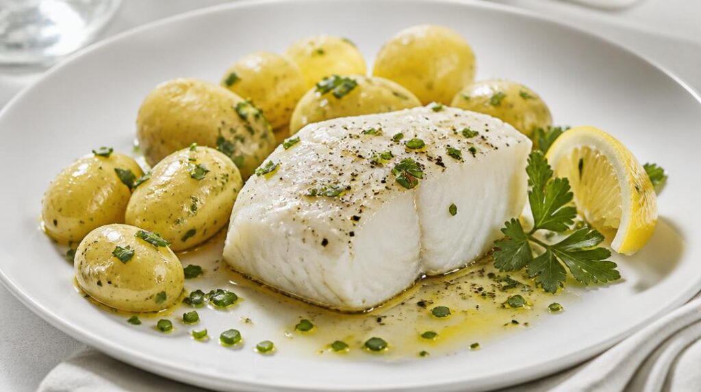 Pommes de terre aux herbes avec cabillaud vapeur