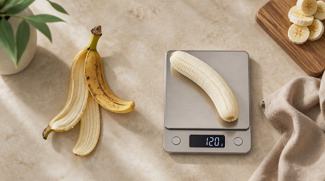 Banane épluchée sur balance pour calories d'une banane sans peau
