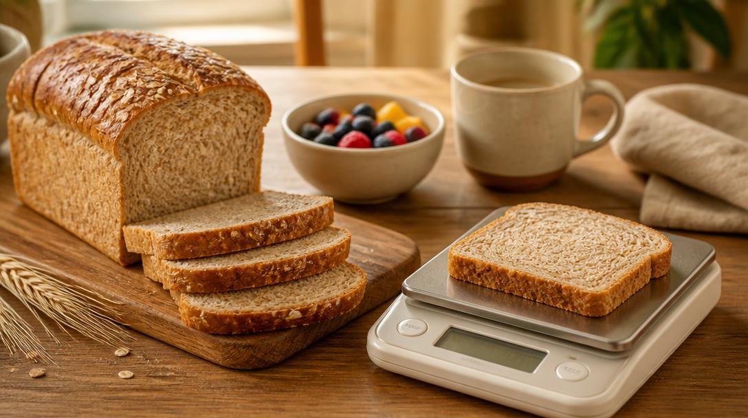 Calories du pain de mie complet sur balance de cuisine