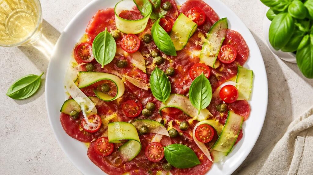 Carpaccio de bœuf aux légumes croquants et basilic