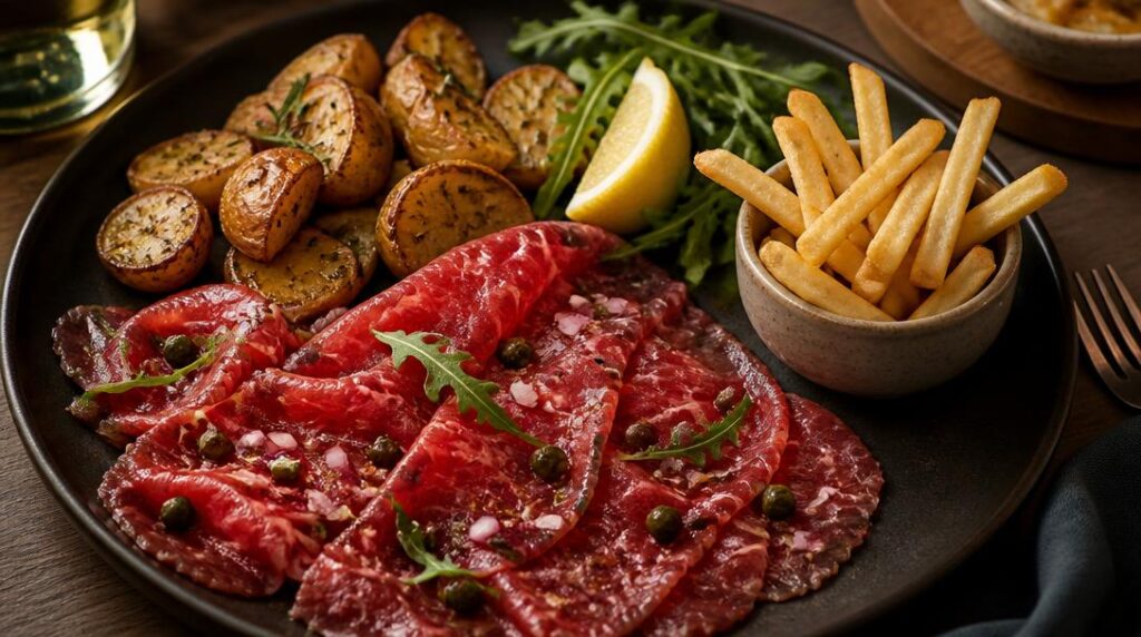 Carpaccio de bœuf avec pommes grenailles rôties